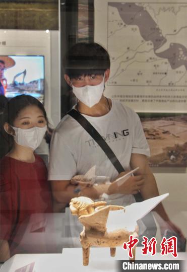 今年菏泽孙大园堌堆遗址出土的“萌兽”吸引观众驻足观看。　赵晓 摄